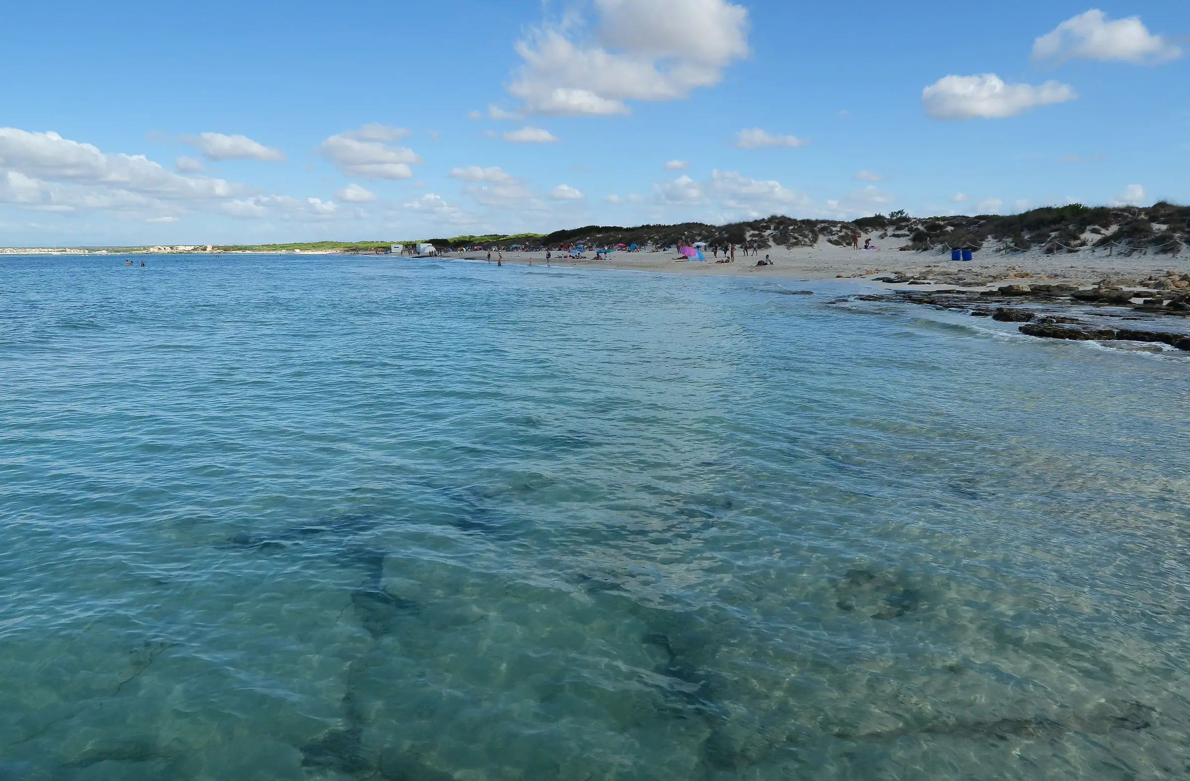Eau transparente d'Es Trenc et longue plage de sable blanc bordée de dunes