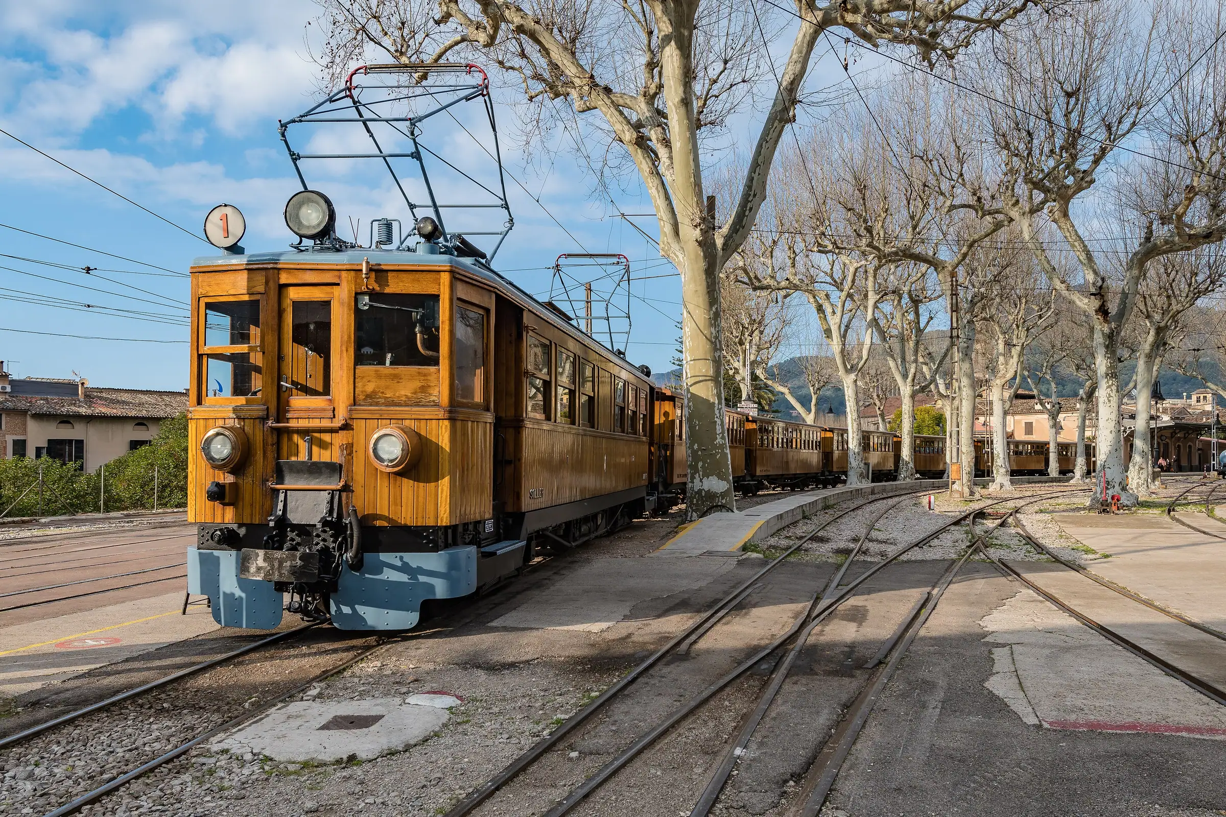 Train de Sóller en bois verni à quai sous les platanes de la gare de Sóller, montagnes au fond