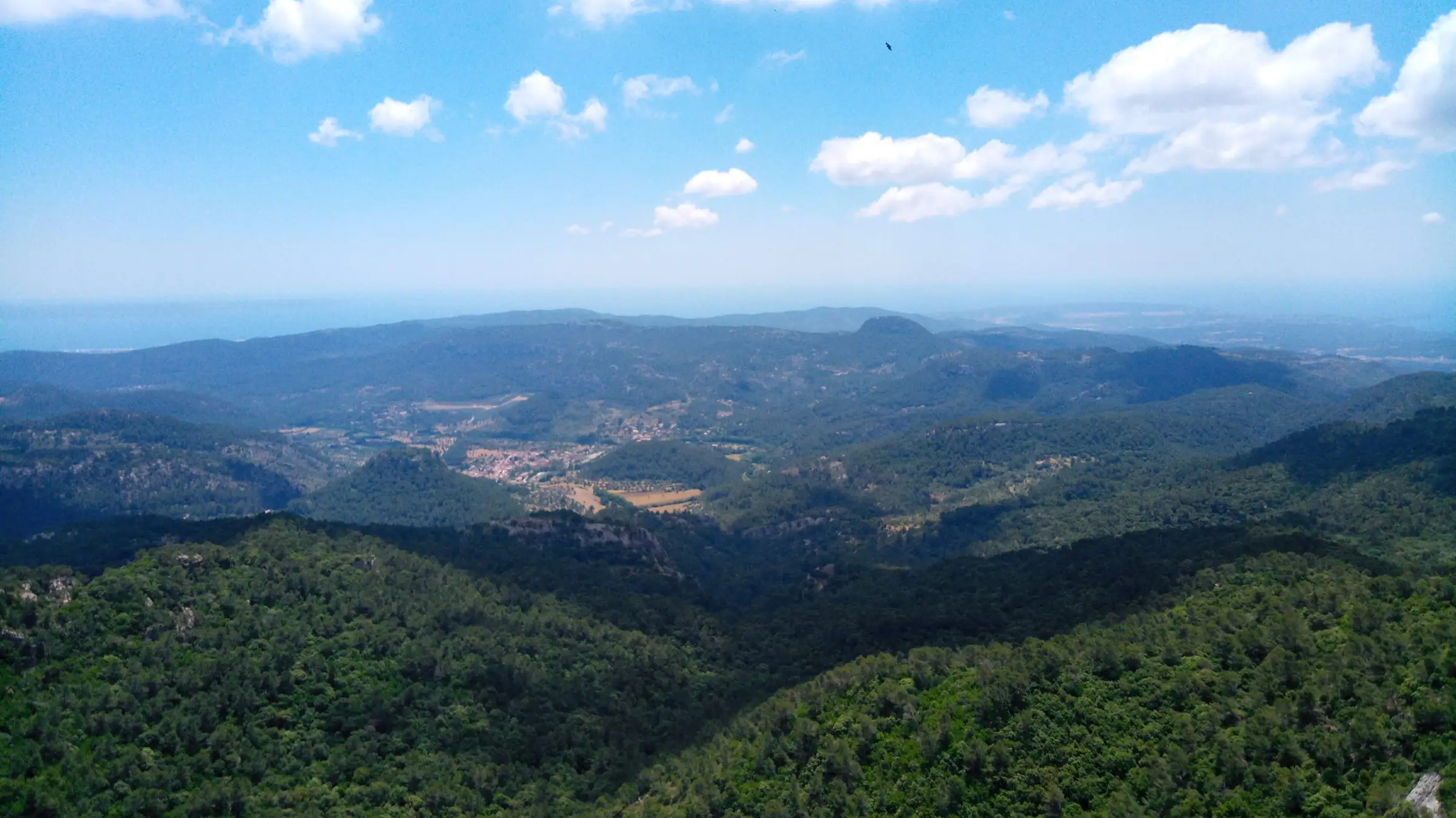 La vallée boisée de Puigpunyent vue d'en haut, la mer à l'horizon