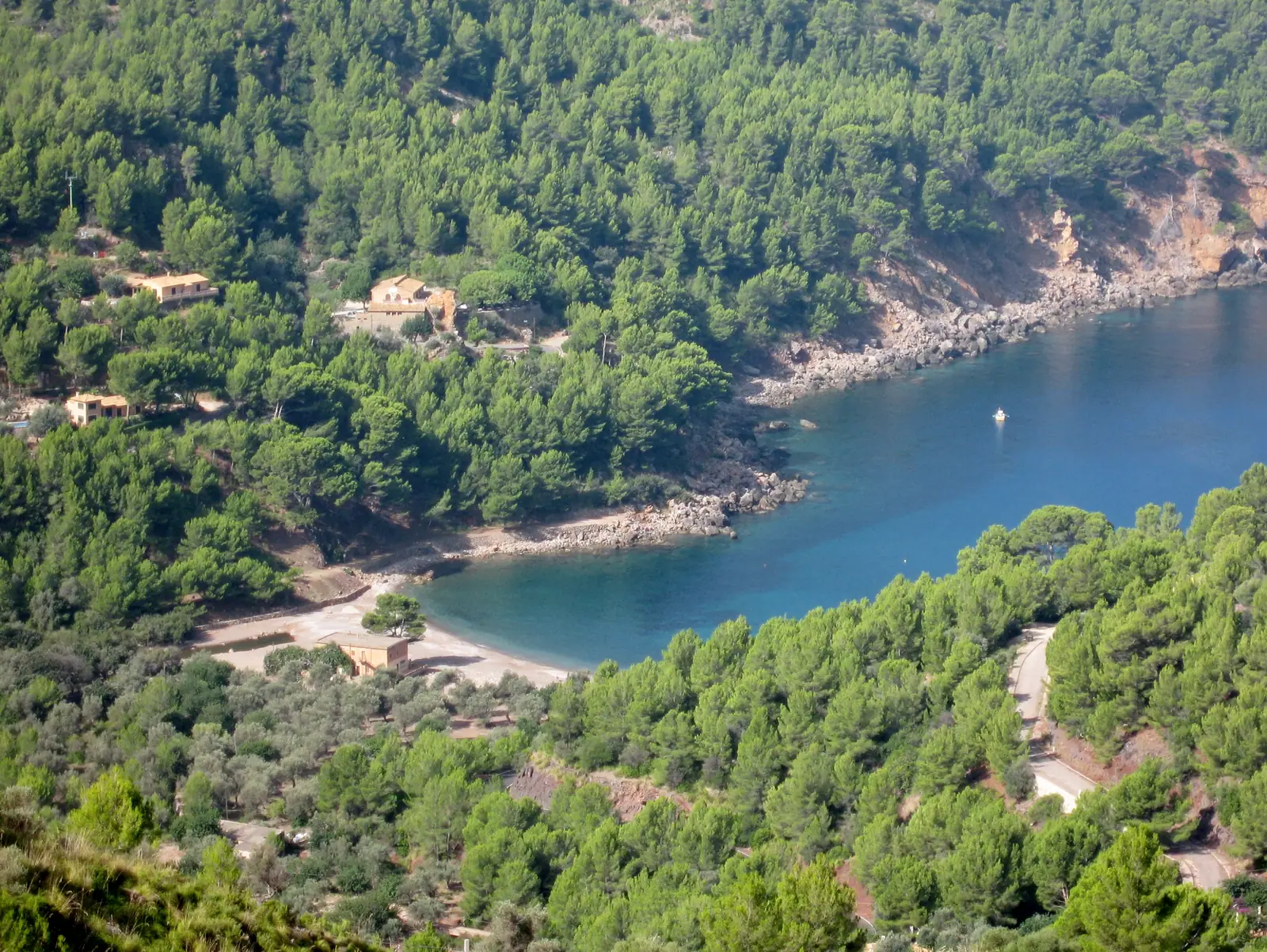 La crique de Cala Tuent vue d'en haut, entre pins et eau bleue