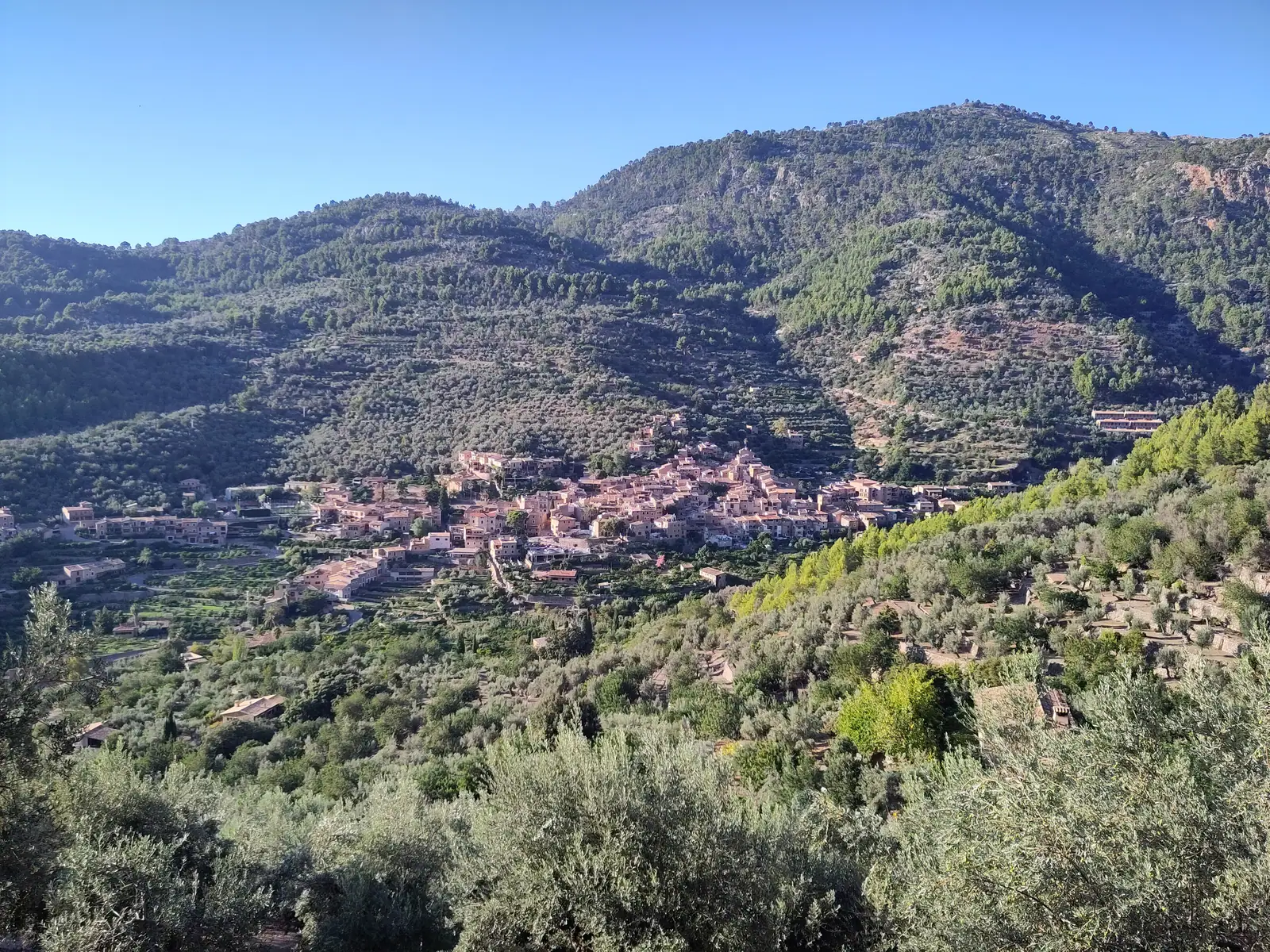 Fornalutx et ses terrasses au pied des montagnes, vus depuis un chemin