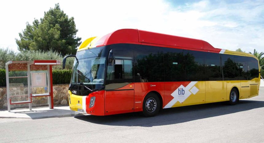 Bus TIB rouge et jaune circulant sur une route côtière à Majorque
