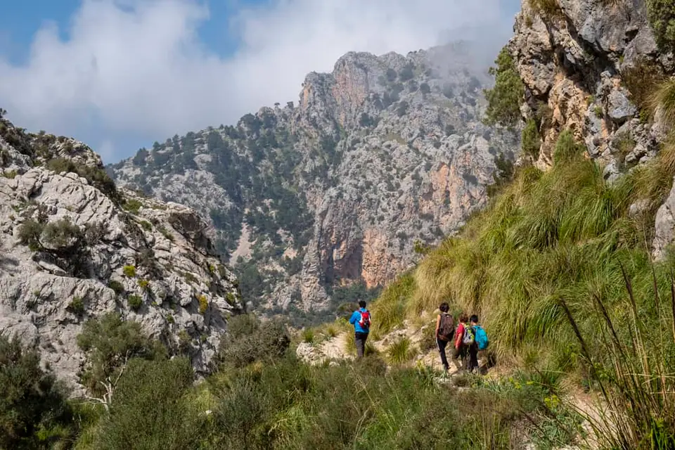 Groupe de randonneurs sur le chemin pavé en pierre sèche du Barranc de Biniaraix au cœur des montagnes de la Serra de Tramuntana près de Sóller.