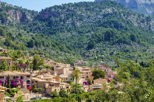 Vue du village de Fornalutx avec maisons en pierre et montagnes verdoyantes à Majorque
