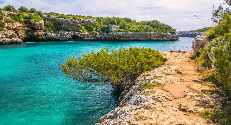 Sentier le long des falaises avec vue sur une eau turquoise à Cala Sa Nau à Majorque