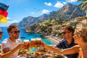 Des touristes allemands profitant d’un déjeuner face à la mer turquoise à Majorque, dans une ambiance estivale et festive.