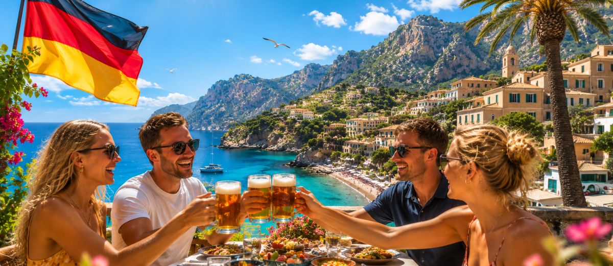 Des touristes allemands profitant d’un déjeuner face à la mer turquoise à Majorque, dans une ambiance estivale et festive.