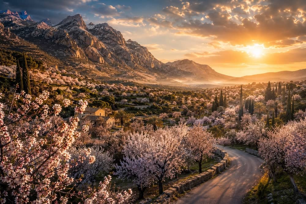 Paysage spectaculaire de Majorque en hiver avec amandiers en fleurs dans la Serra de Tramuntana au coucher du soleil