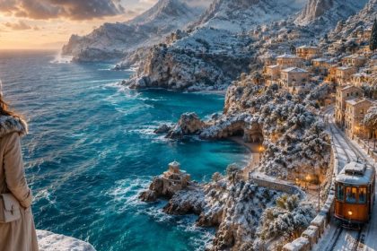 Vue spectaculaire de Majorque en hiver avec falaises enneigées, mer turquoise, village méditerranéen illuminé et tram côtier au coucher du soleil