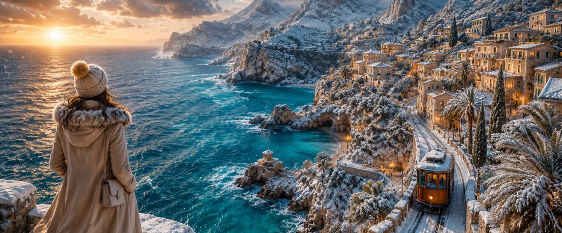 Vue spectaculaire de Majorque en hiver avec falaises enneigées, mer turquoise, village méditerranéen illuminé et tram côtier au coucher du soleil